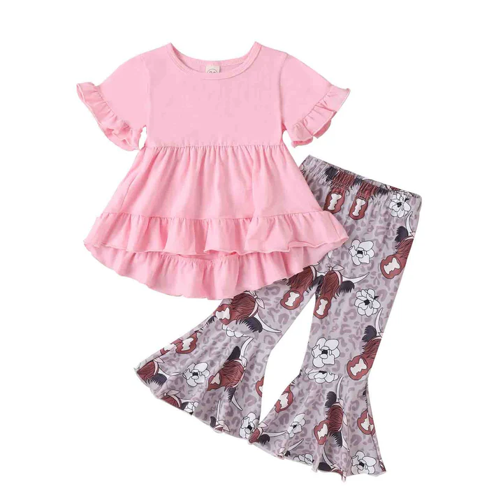 Baby Girls Pink Hi-low Tunic Top Cows Western Bell Pants Clothes Outfits Sets preorder(moq 5)