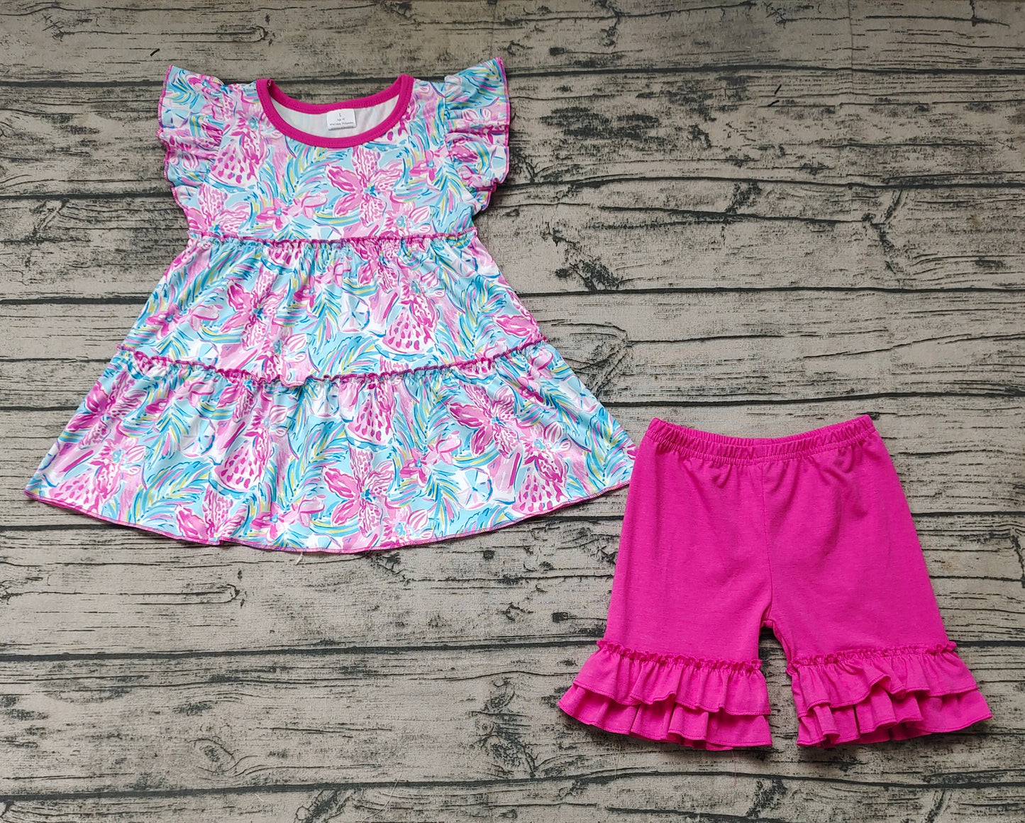 Baby Girls Green Flowers Tunic Dark Pink Shorts Summer Clothes Sets