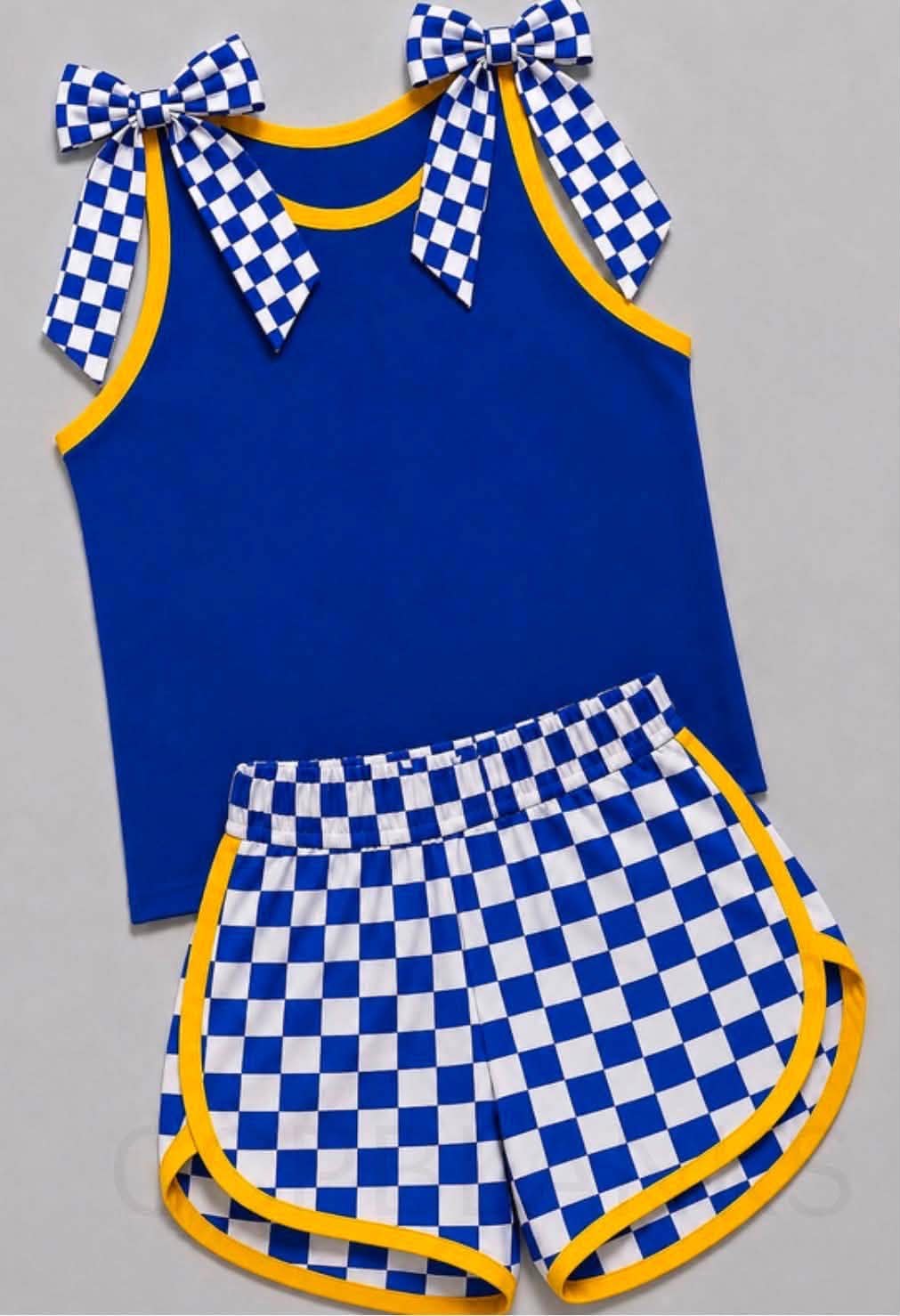 Preorder (moq 5)Baby Girls Blue Yellow Bows Top Checkered Shorts Team Clothes Sets