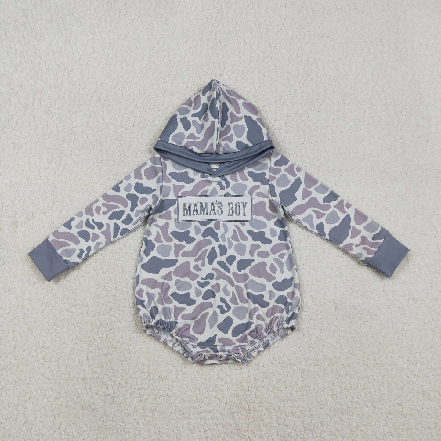 Embroidery Mama's Boy Baby Boys Light Grey Camo Hoodie Rompers