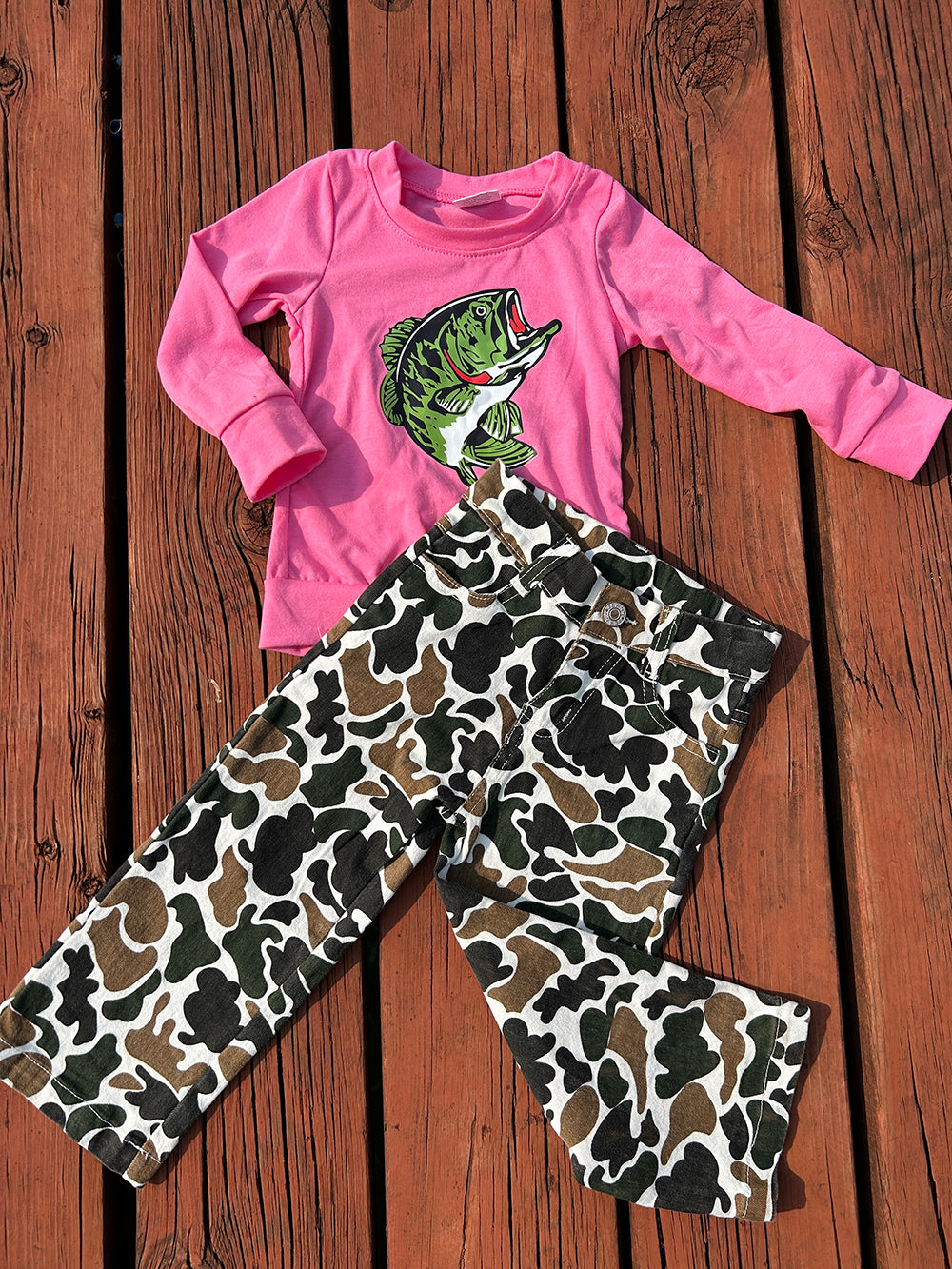Baby Girls Fishing Pink Tee Duck Camouflage Denim Pants Clothes Sets