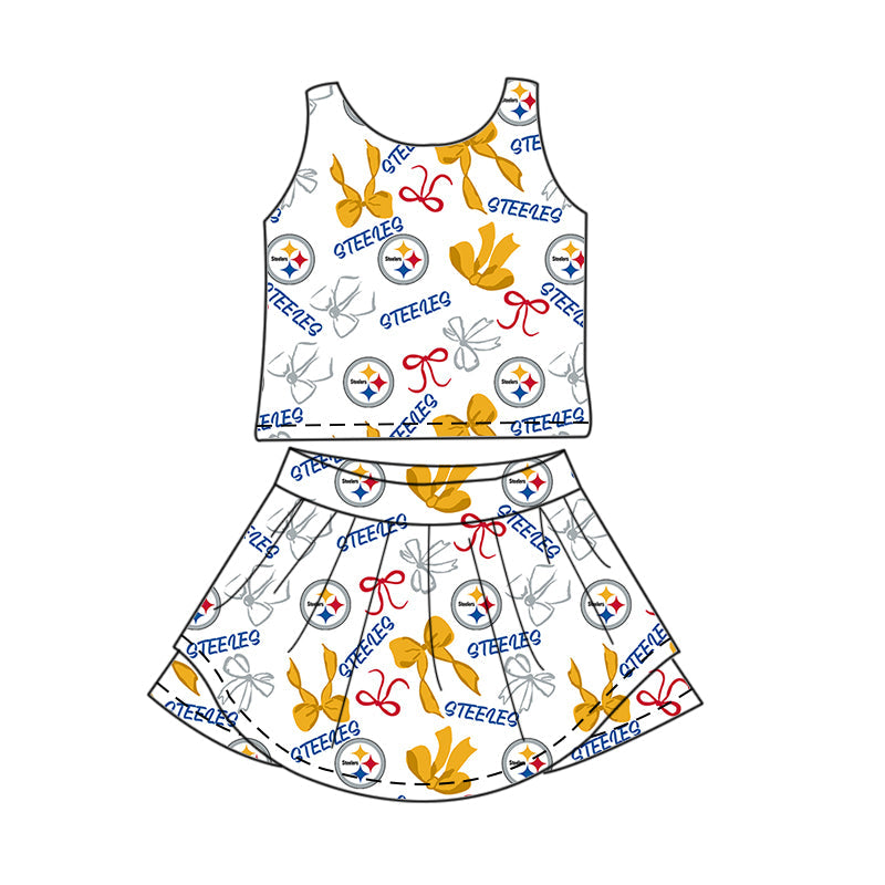 Preorder (moq 5)Baby Girls Sleeveless Bows Steelers Top Skirt Shorts Team Clothes Sets