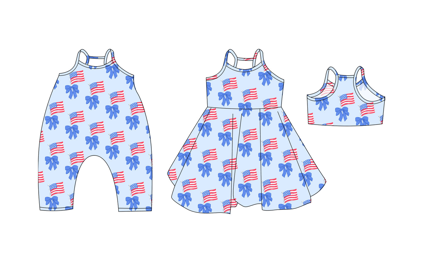 Preorder moq 5 Custom Baby Girls Blue Strap Bows Flags 4th Of July Knee Length Dresses Romper