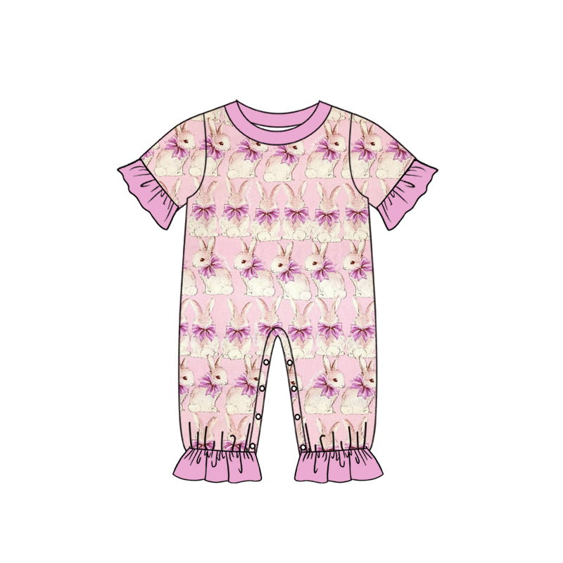 Preorder (moq 5) Baby Girl Clothes Vintage Bunny Purple Bow Allover Print Short Sleeve Ruffle Button Romper