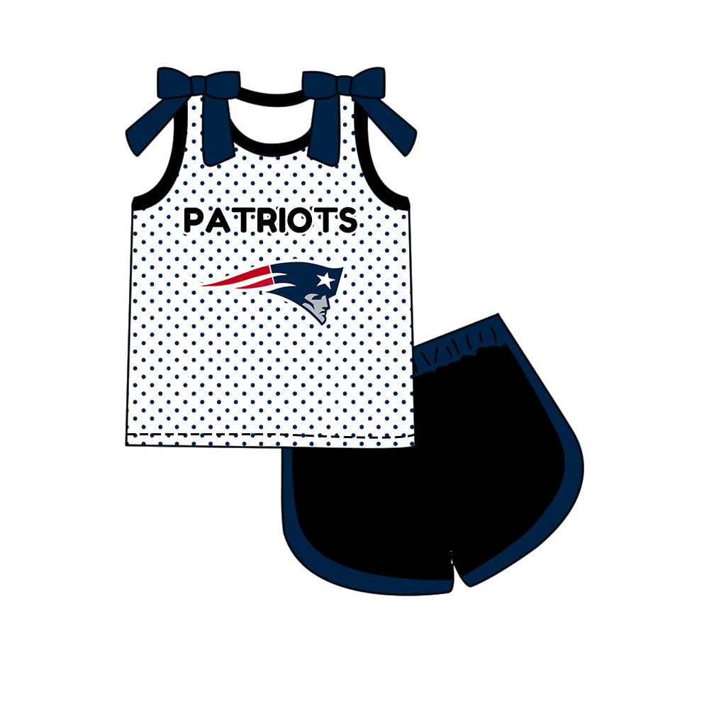 Preorder (moq 5)Baby Girls Bows Patriots Polka Dots Top Short Team Clothes Set