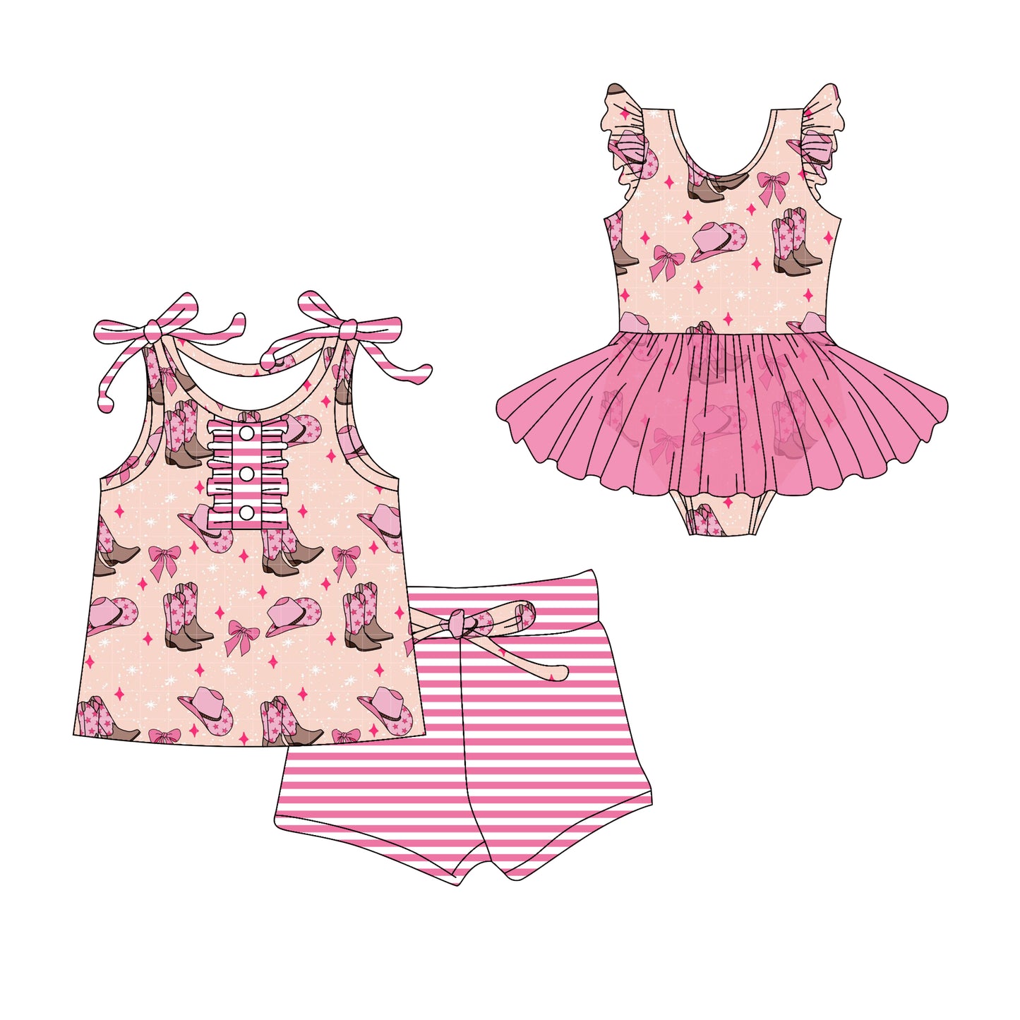 Preorder moq 5 Custom Baby Girls Pink Strap Boots Hats Bows Button Top Stripe Short Set Skort Bummise Romper