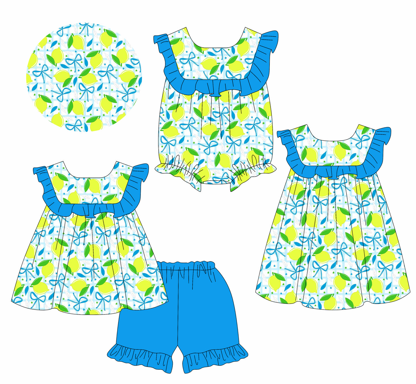 Preorder moq 5 Custom Baby Girls Blue Plaid Lemons Tunic Ruffle Short Set Knee Length Dress Rompers