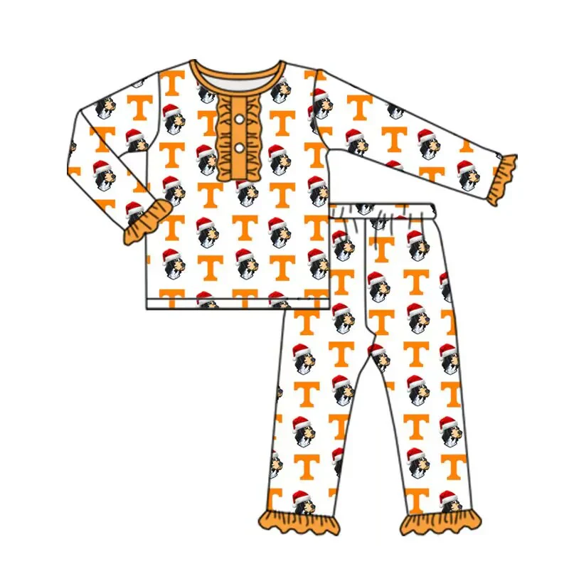 Preorder moq 5 Baby Girls Long Ruffle Sleeves Hats Dogs T Button Top Pant Team Set