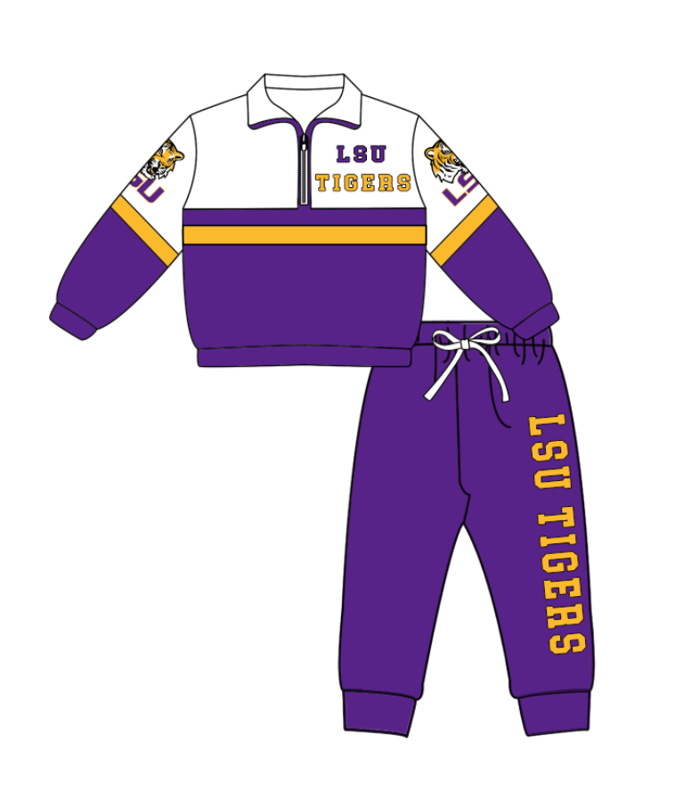 Preorder (moq 5)Baby Boys LSU Tigers Zipper Pullover Jogger Pants Team Clothes Set