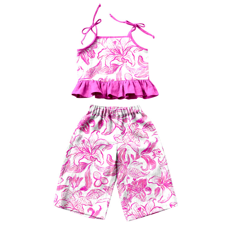 Baby Girls Pink Big Flowers Straps Top Pants Clothes Sets order preorder (moq 5)