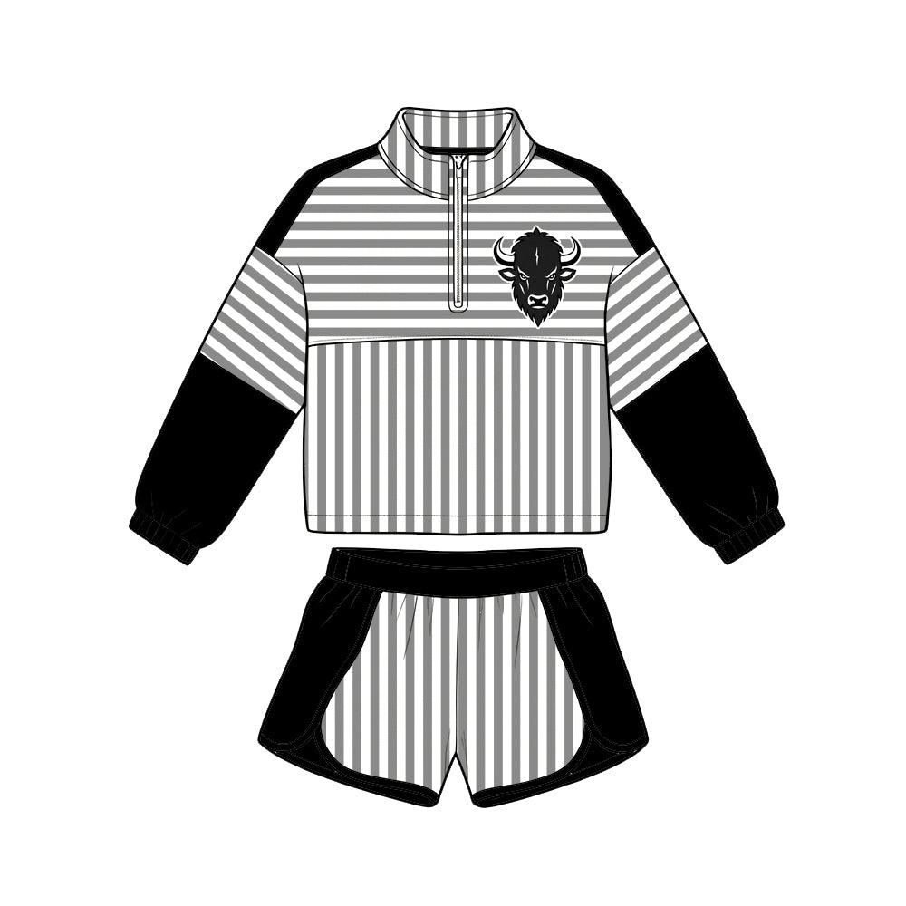 Preorder (moq 5) Adult Women Grey Stripe Bison Zip Pullovers Short Team Clothes Sets