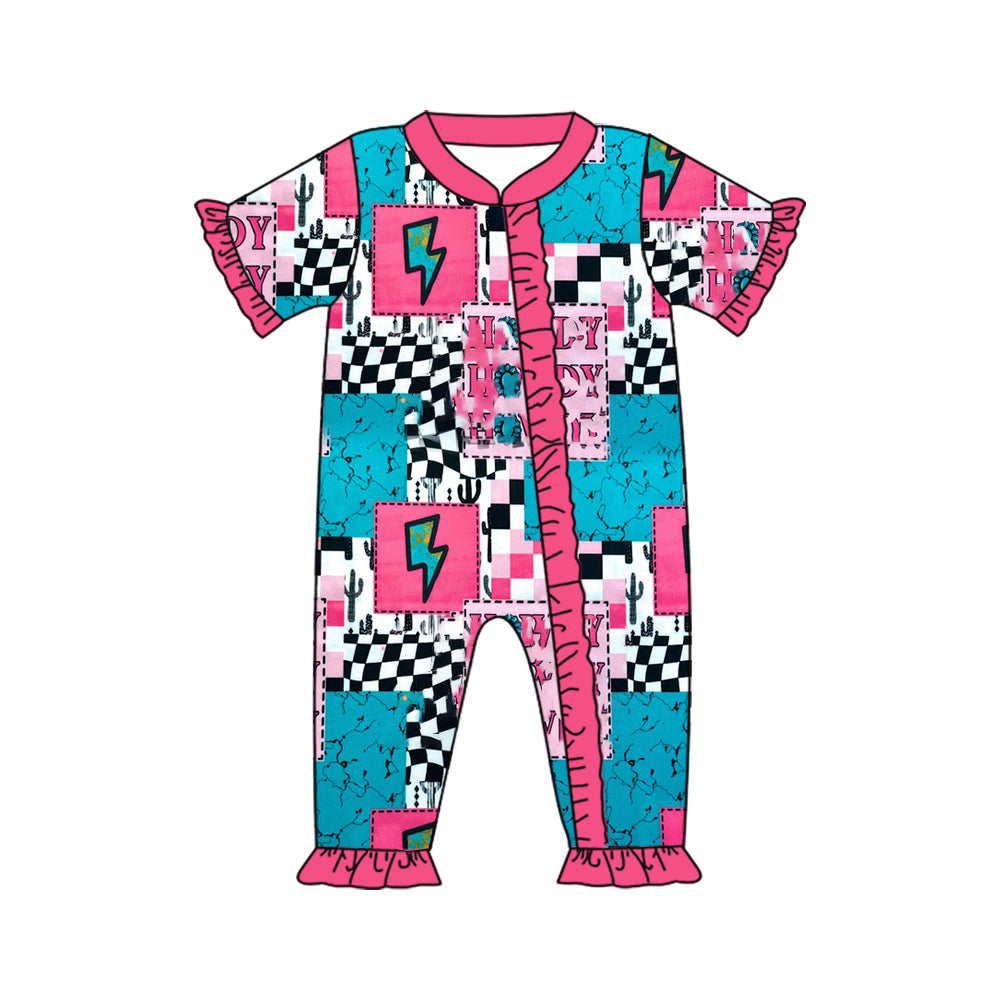 Preorder(moq 5)Baby Infant Girls Howdy Western Ruffles Short Sleeve Zip Rompers
