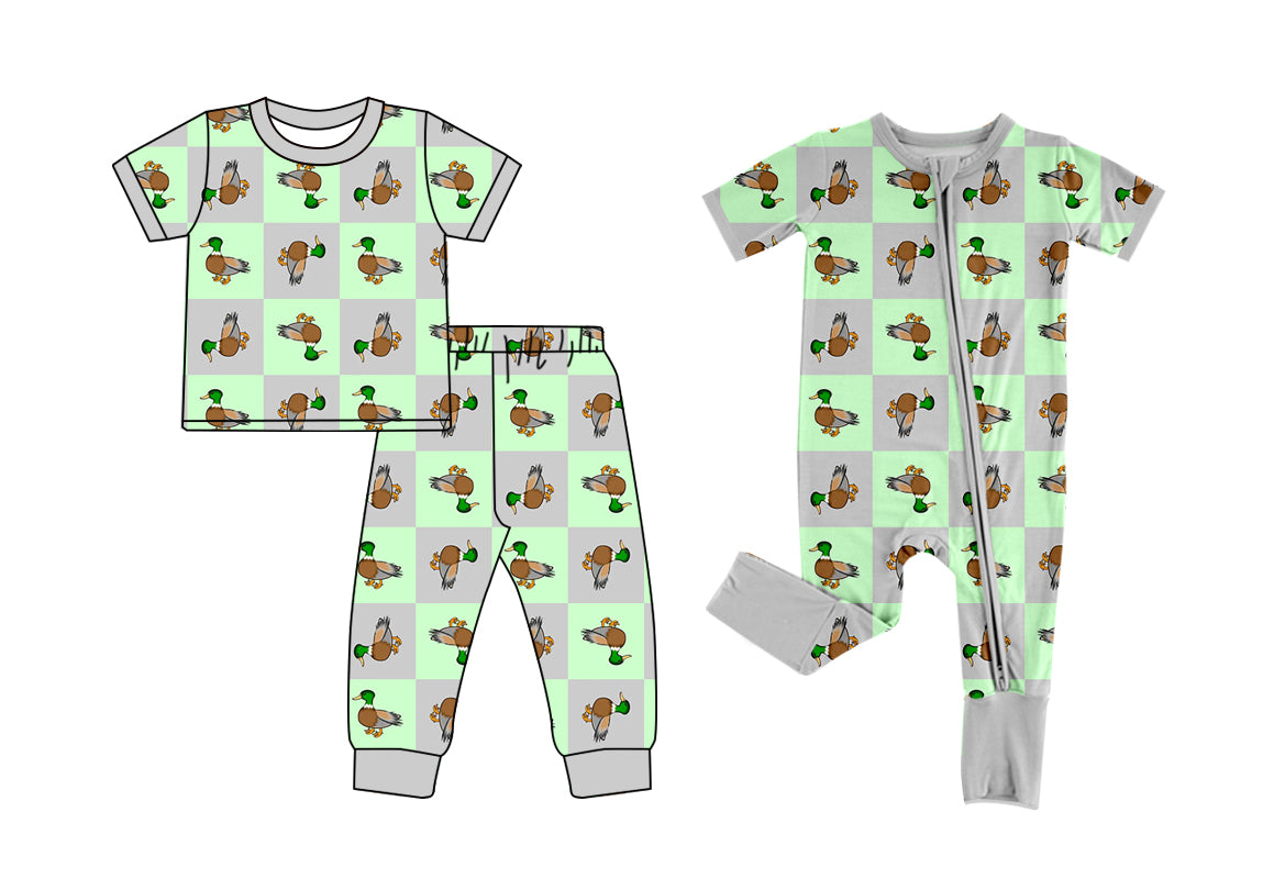 Preorder(moq 5 each)Baby Kids Boys Green Mallard Ducks Hunting Top Pants Pajamas Rompers Clothes Sets