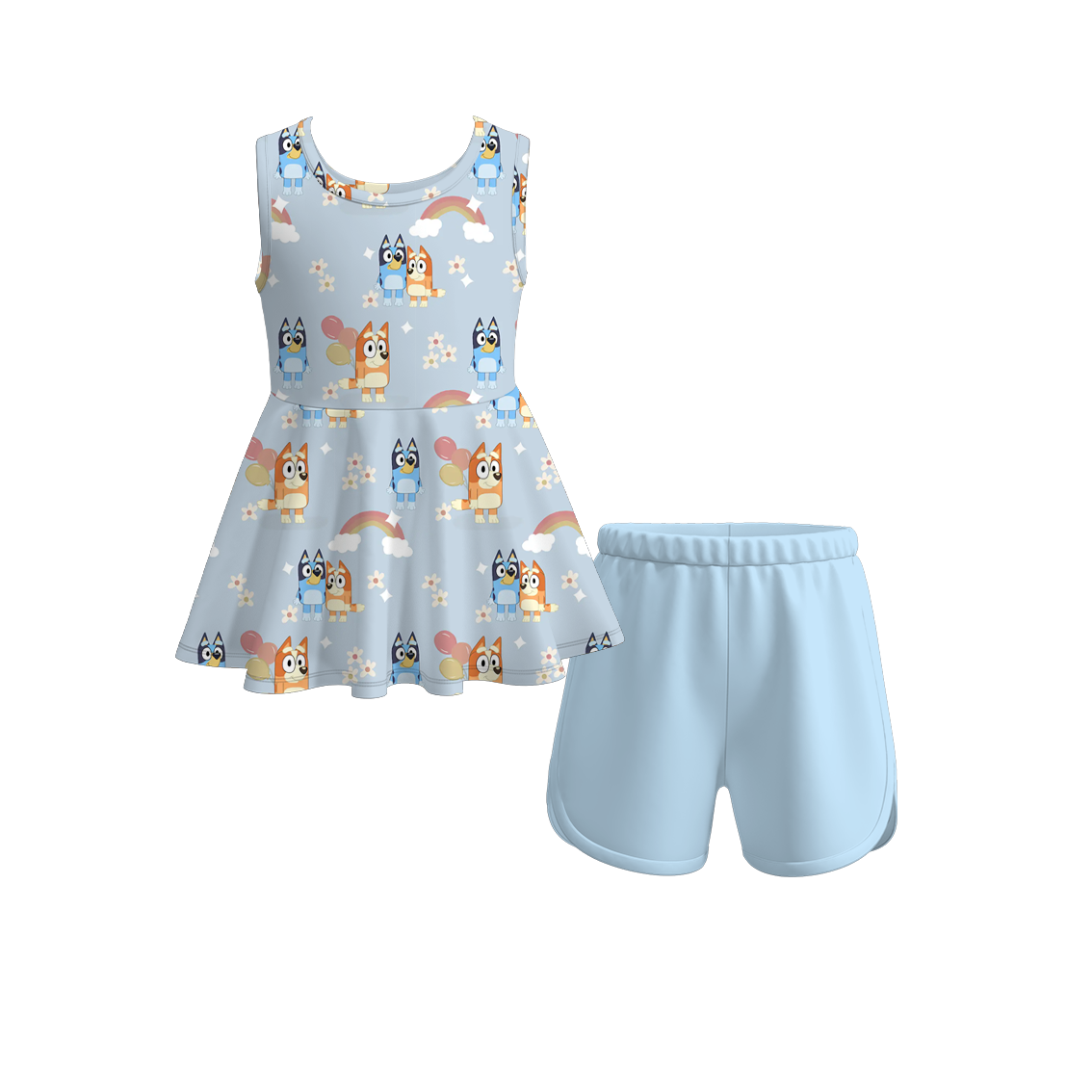 Baby Girls Dogs Flowers Rainbow Sleeveless Tunic Top Shorts Clothes Sets preorder (moq 5)