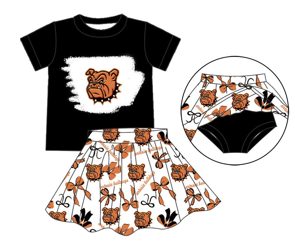 Preorder (moq 5)Baby Girls Black Orange Dog Top Bummie Skorts Team Sets