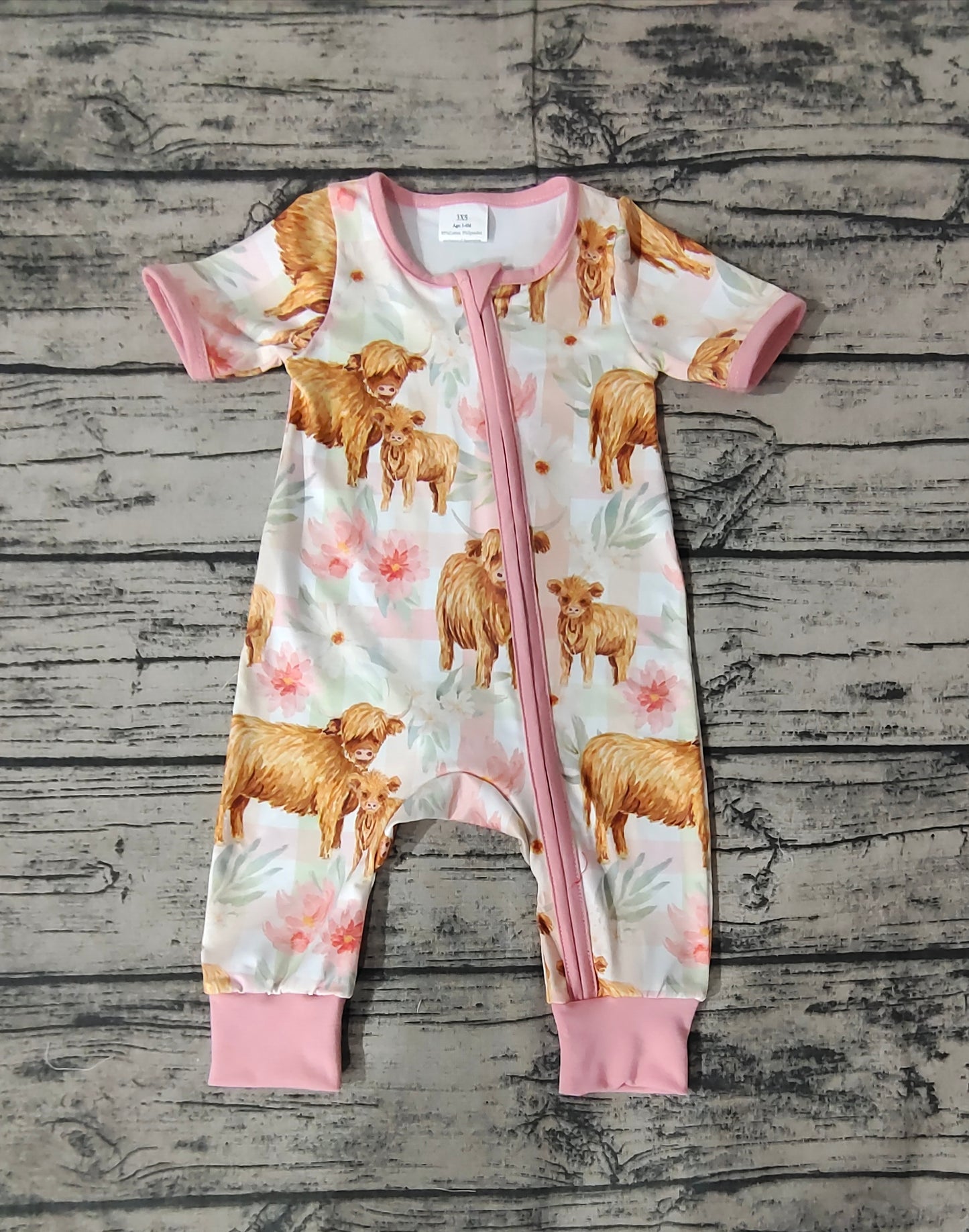 Baby Infant Girls Highland Cows Checkered Flowers Zip Rompers