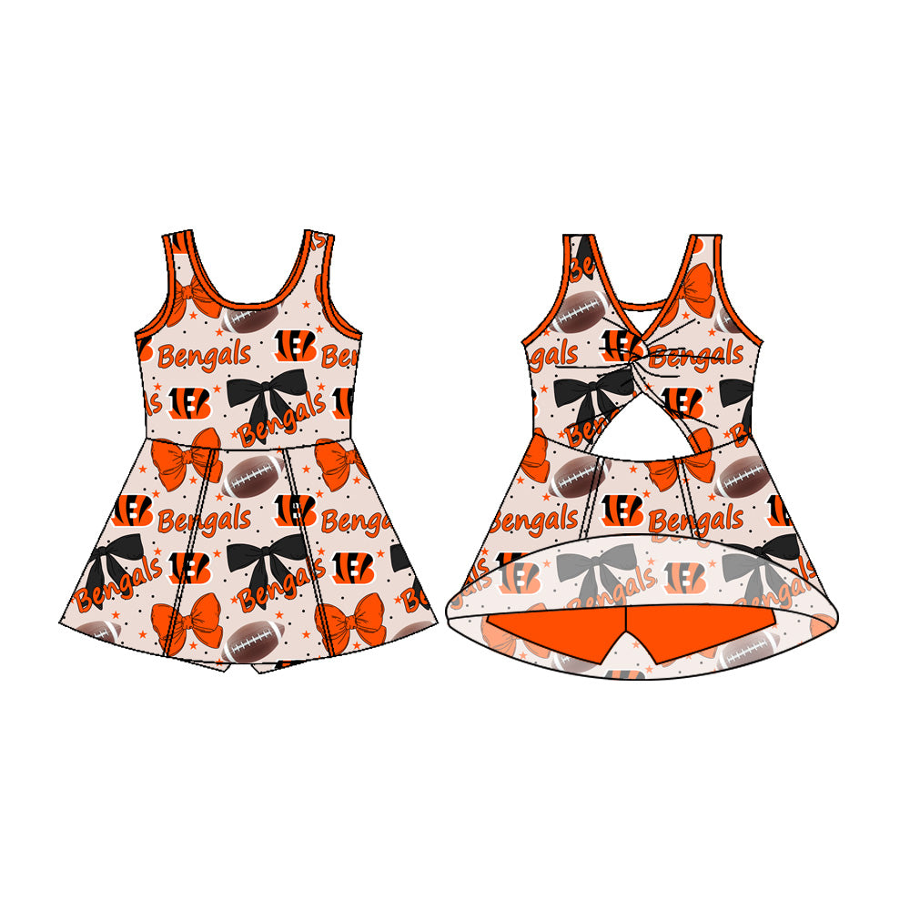 Preorder (moq 5)Baby Girls Sleeveless Footballs Bows Bengals Shorts Team Knee Length Dress