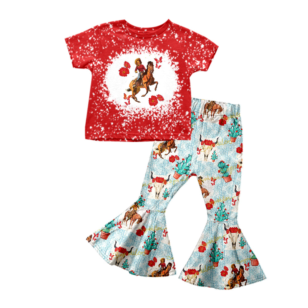 Baby Girls Flowers Rodeo Cowgirls Tee Top Bell Pants Clothes Sets preorder(moq 5)