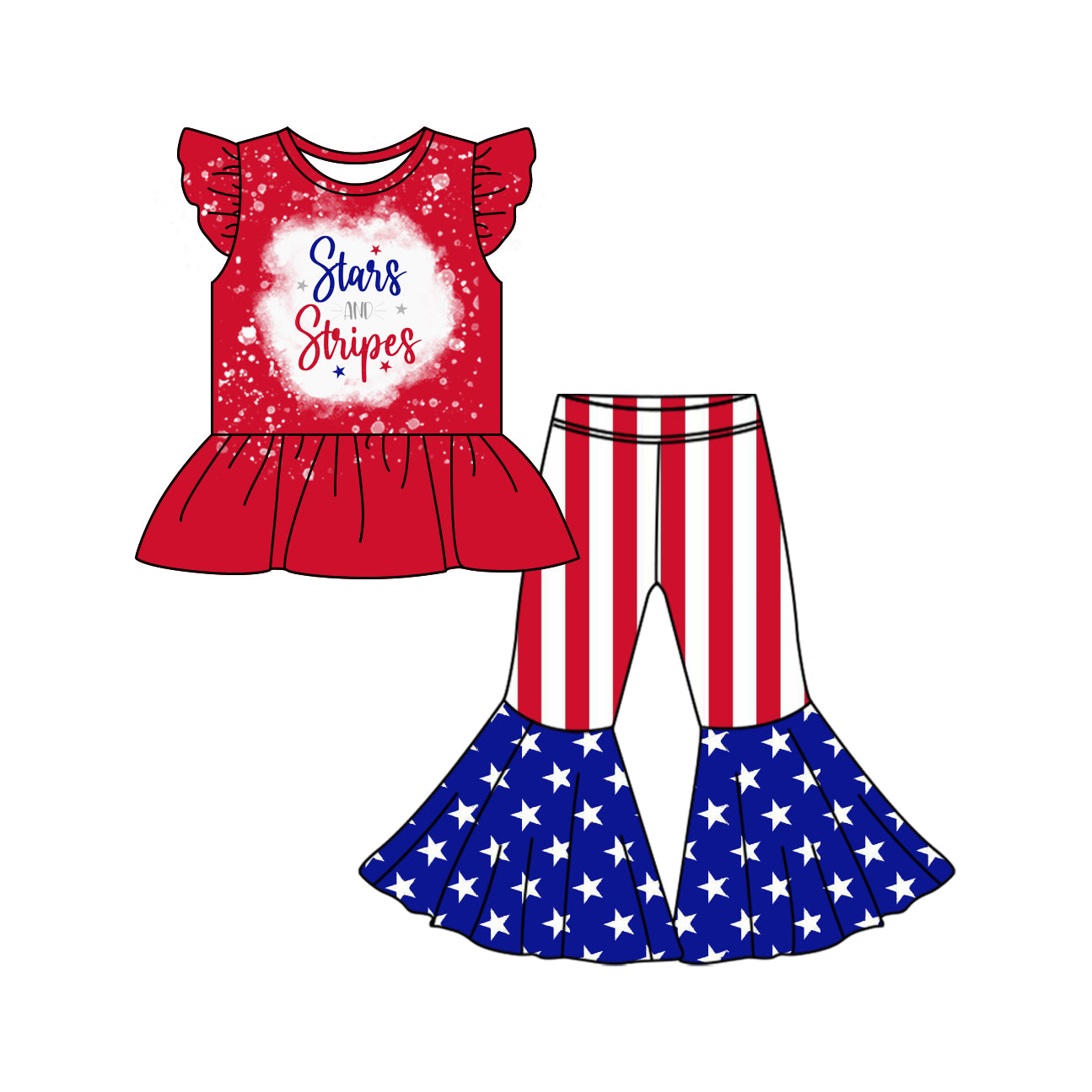 Preorder (moq 5)Baby Girls Stars Stripes 4th of July Shirt Top Bell Pants Clothes Sets