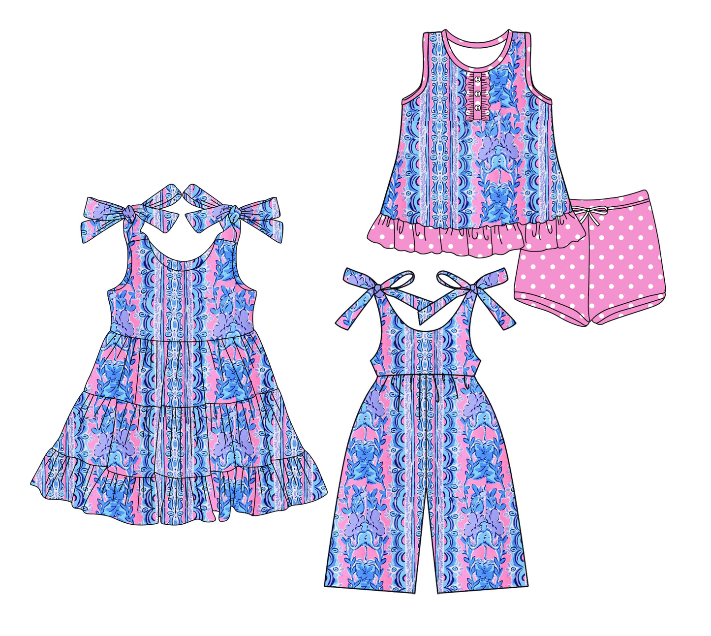 Preorder moq 5 Custom Baby Girls Colorful Floral Stripe Button Tunic Pink Polka Dots Short Set Knee Length Dress Jumpsuits