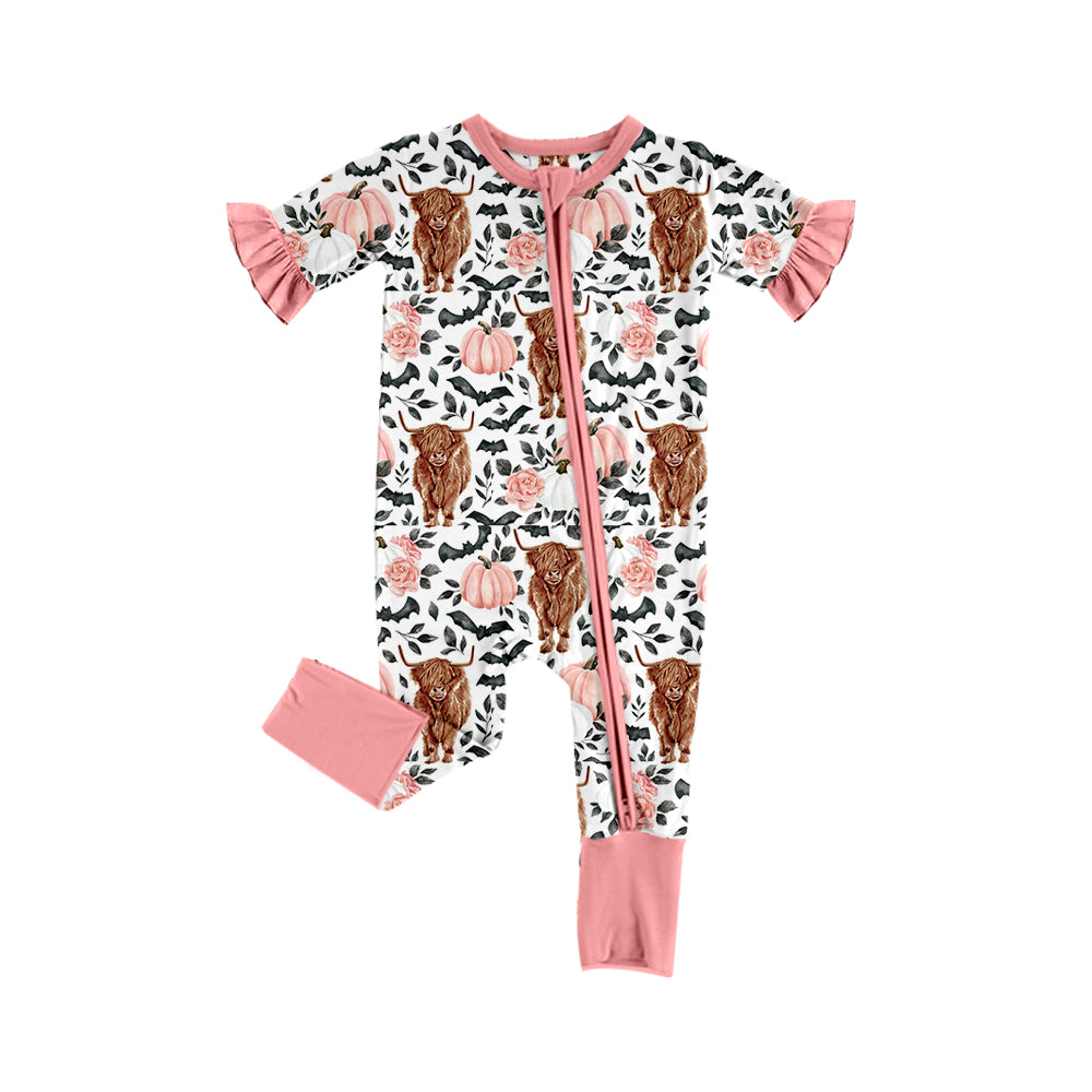 Baby Girls Halloween Pumpkin Cow Short Sleeve Zip Rompers preorder(moq 5)