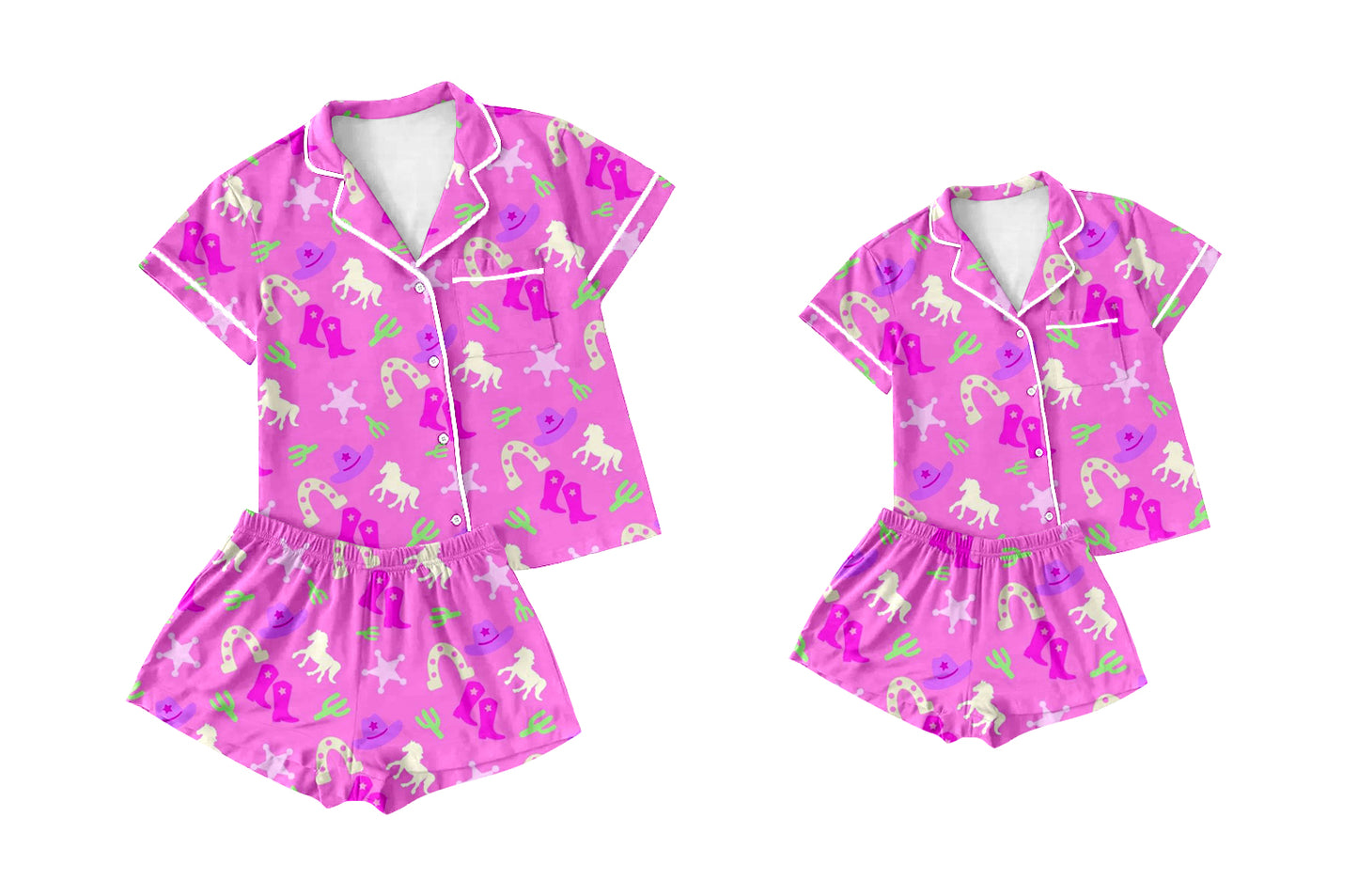 Preorder moq 5 Custom Mama And Me Pink Horse Cactus Button Pocket Top Short Pajamas Set