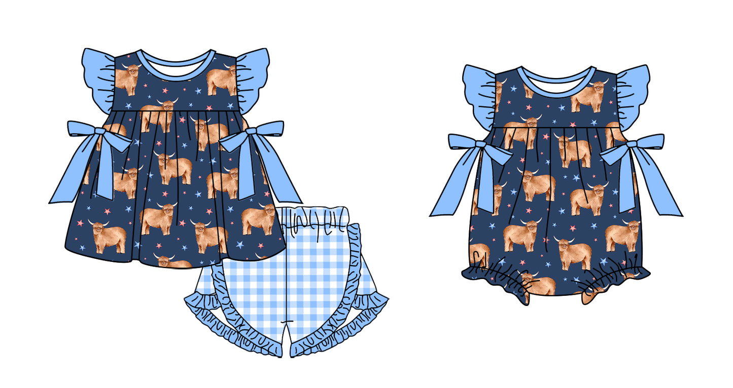 Preorder moq 5 Custom Baby Girls Highland Cows Tunic Blue Plaid Ruffle Short Set Rompers