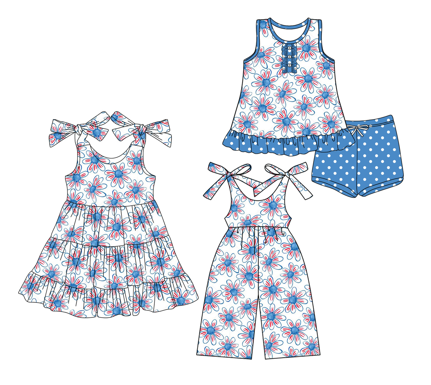 Preorder moq 5 Custom Baby Girls Blue Daisy Button Tunic Polka Dots Short Set Knee Length Dress Jumpsuits