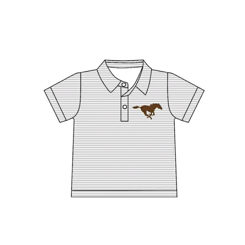 Preorder(moq 5) Baby Boys Grey Stripes Horse Team Short Sleeve Tee Pullovers Shirts Tops