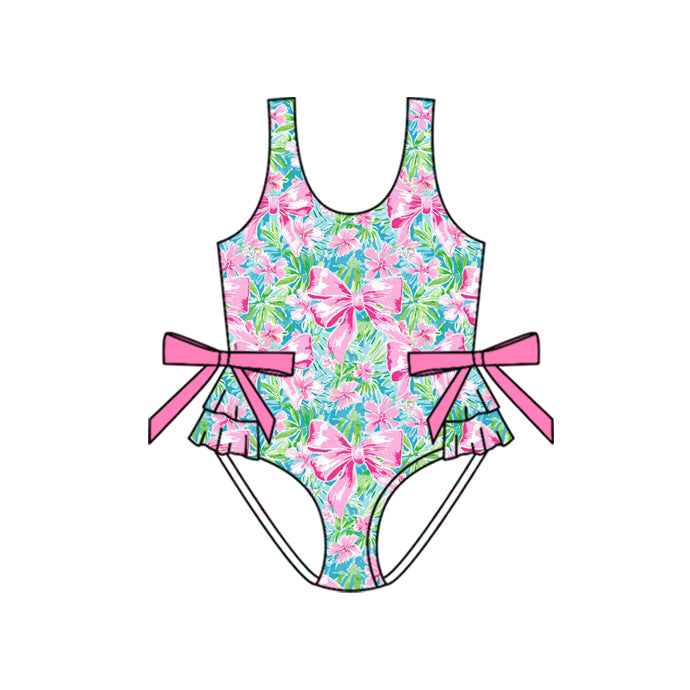 Preorder (moq 5)Baby Girls Pink Bows Leaves Bikini One Piece Swimsuits