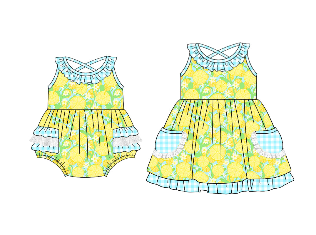 Preorder moq 5 Custom Baby Girls Plaid Sleeveless Floral Lemons Pockets Knee Length Dresses Rompers