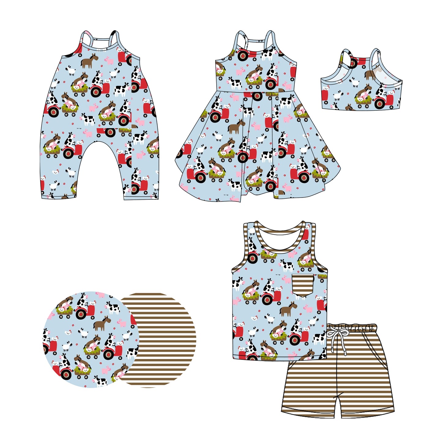 Preorder moq 5 Custom Baby Girls Sleeveless Trucks Cows Top Stripe Pockets Short Farm Set Strap Knee Length Dress Rompers