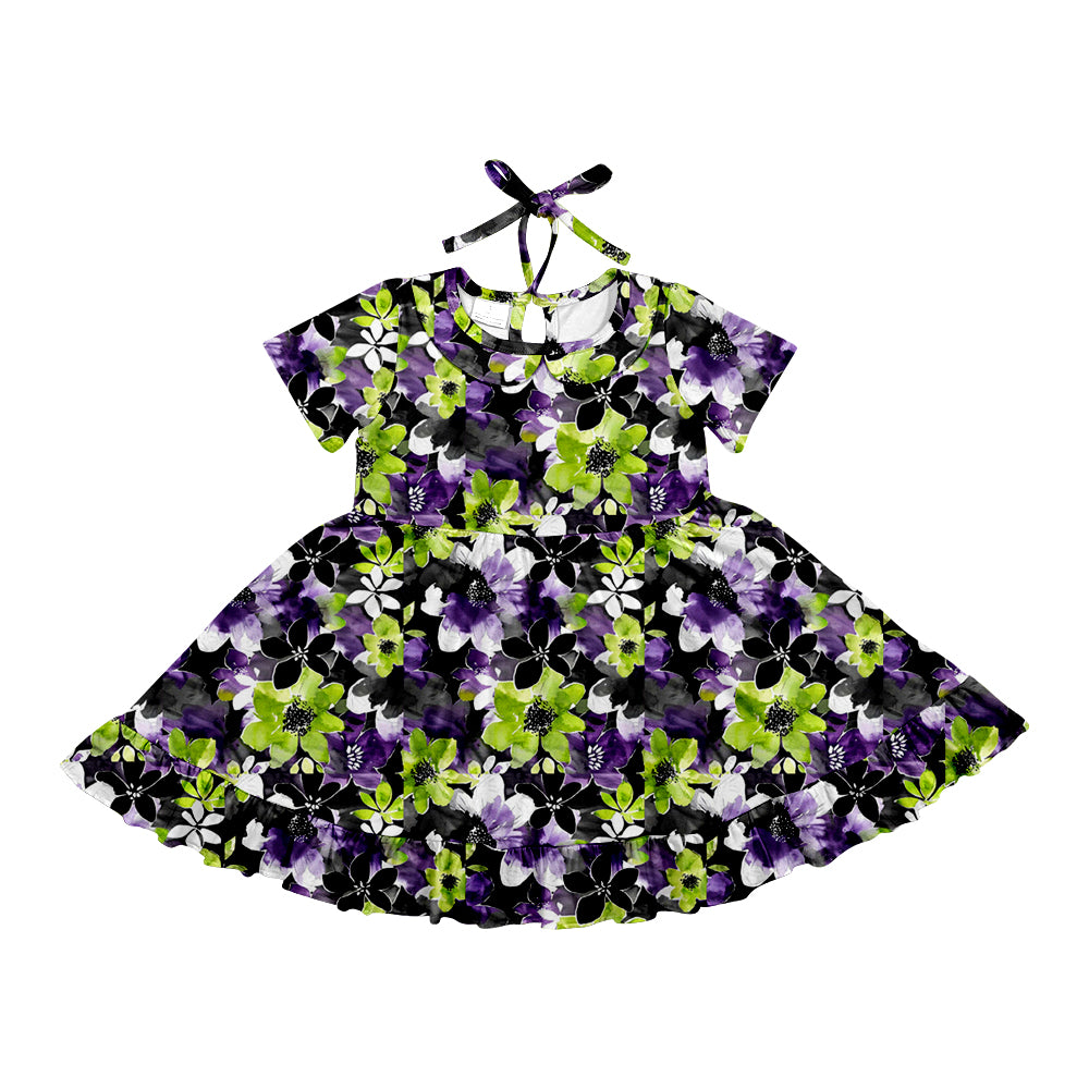 Preorder (moq 5)Baby Girls Purple Green Flowers Halloween Knee Length Dresses