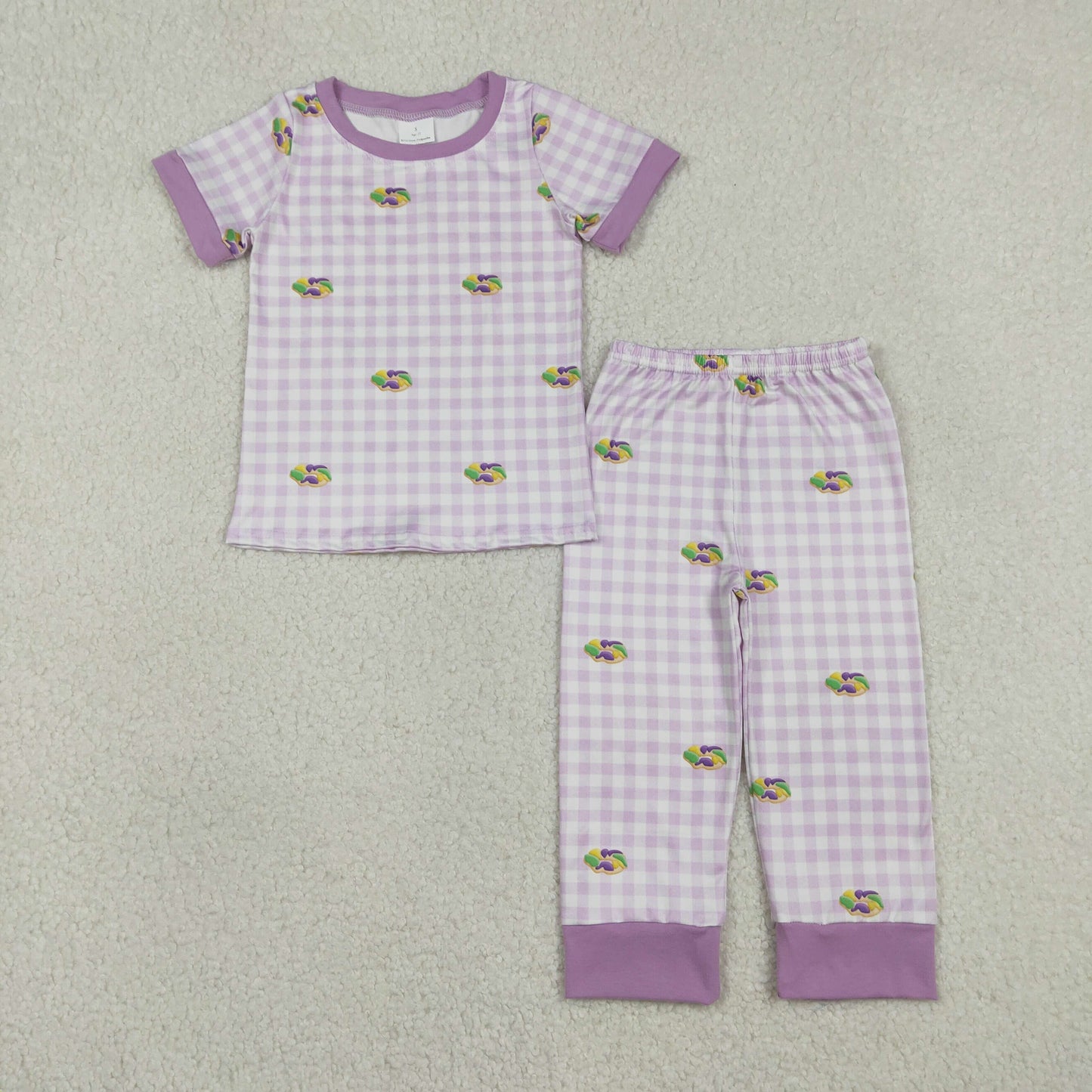 Embroidery King Cake Baby Boys Mardigras Donuts Checked Pants Pajamas Sets