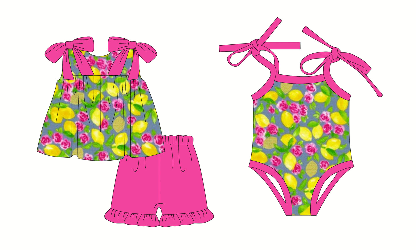Preorder moq 5 Custom Baby Girls Hot Pink Strap Lemon Flowers Tunic Ruffle Short Set Bummies Rompers