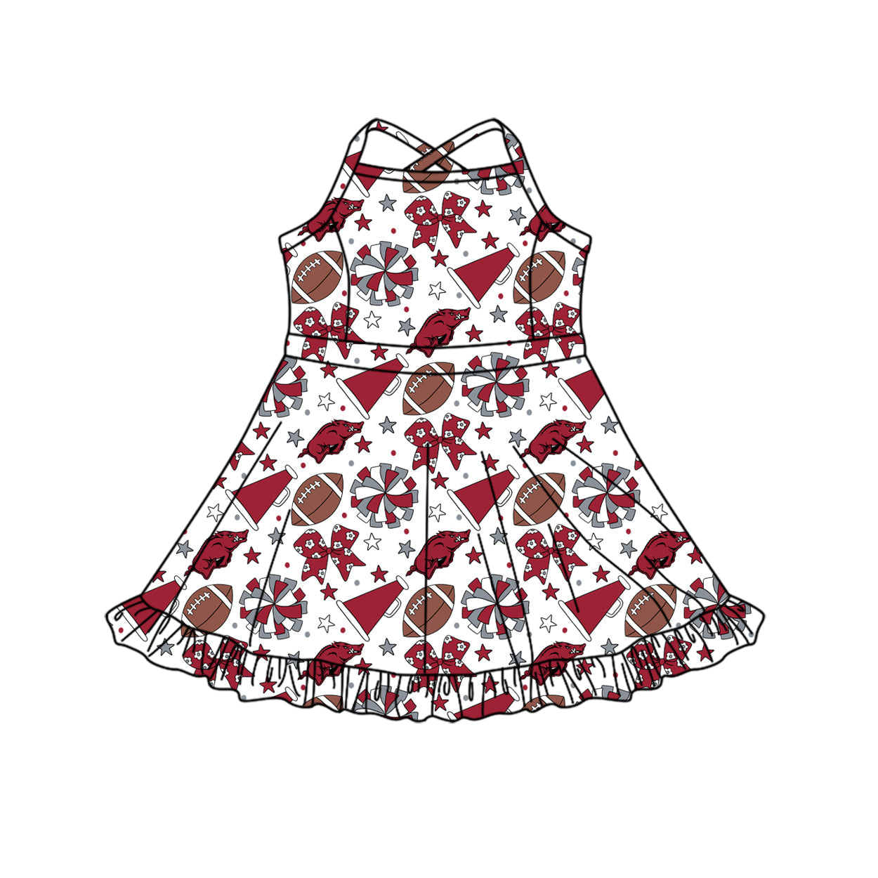 Preorder (moq 5)Baby Girls Strap Bows Stars Footballs Team Shorts Ruffle Knee Length Dress