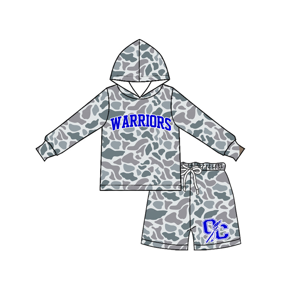 Preorder (moq 5) Baby Boys Grey Camo Worriors Long Sleeve Hoodie Short Team Clothes Sets
