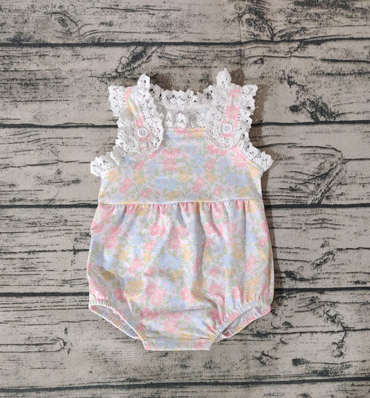 Baby Girls Orange Flowers Ruffle Sleeveless Bubble Rompers