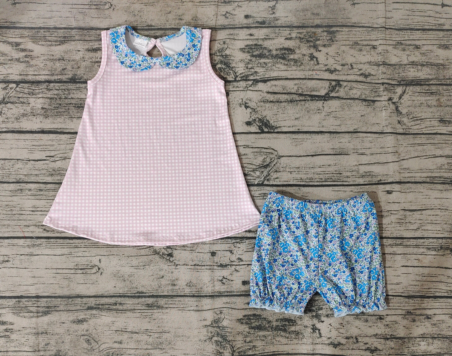 Baby Girls Pink Checkered Collar Tunic Top Shorts Clothes Sets