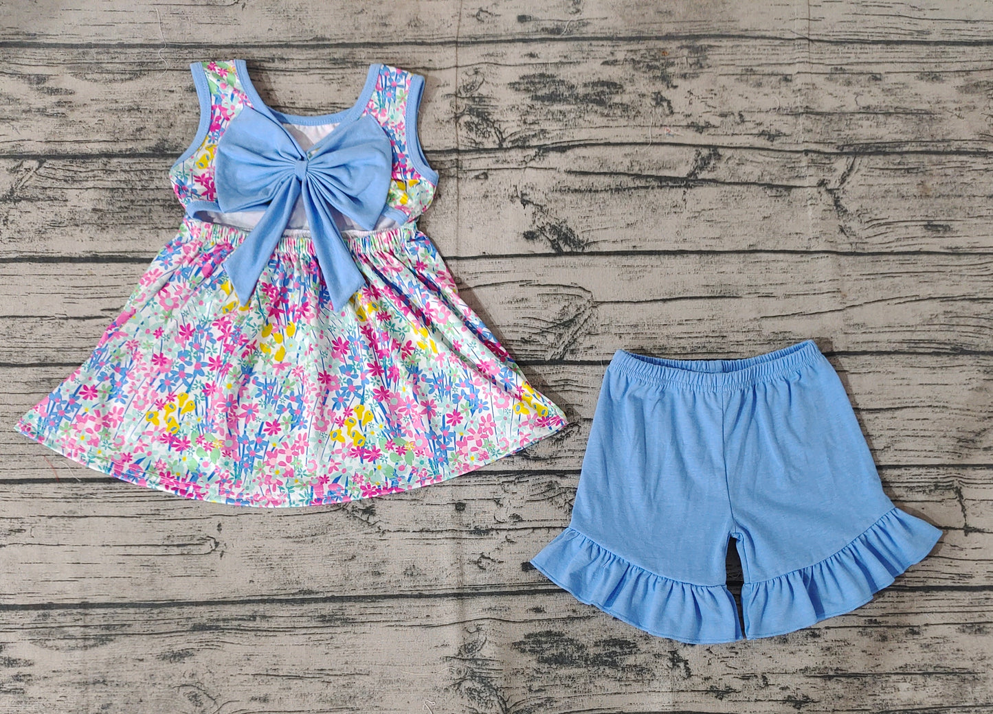 Baby Girls Blue Flowers Bow Tunic Top Ruffle Shorts Clothes Sets