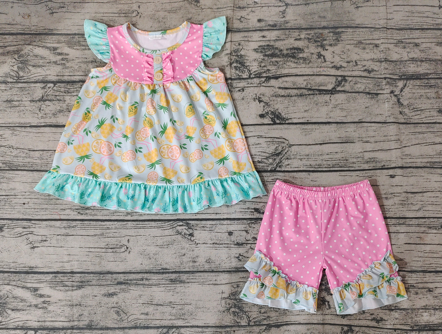 Baby Girls Lemon Flutter Sleeve Tunic Tops Ruffle Shorts Clothes Sets