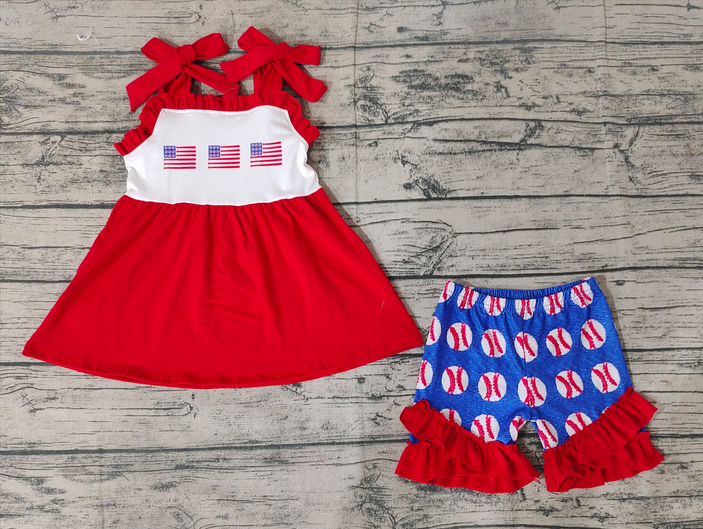 Baby Girls Baseball Flags Straps Tunic Top Ruffle Shorts Clothes Sets