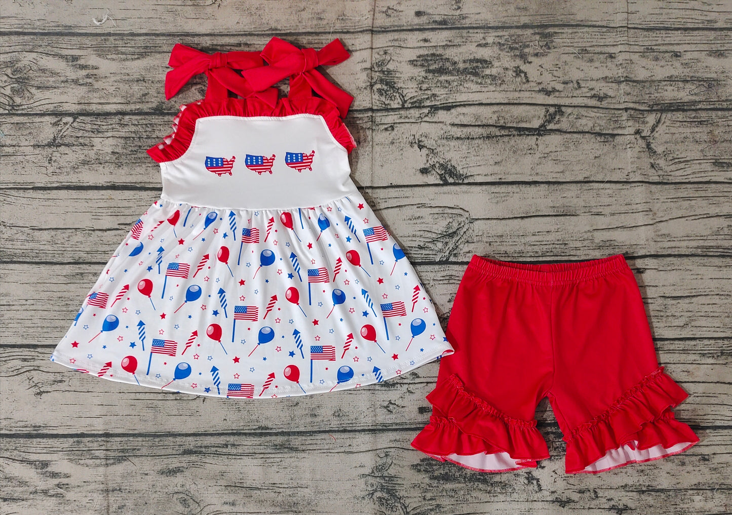 Baby Girls 4th Of July Flags Balloons Tunic Ruffle Shorts Clothes Sets
