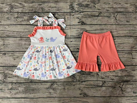 Baby Girls Octopus Crab Sea Lion Tunic Top Ruffle Shorts Clothes Sets