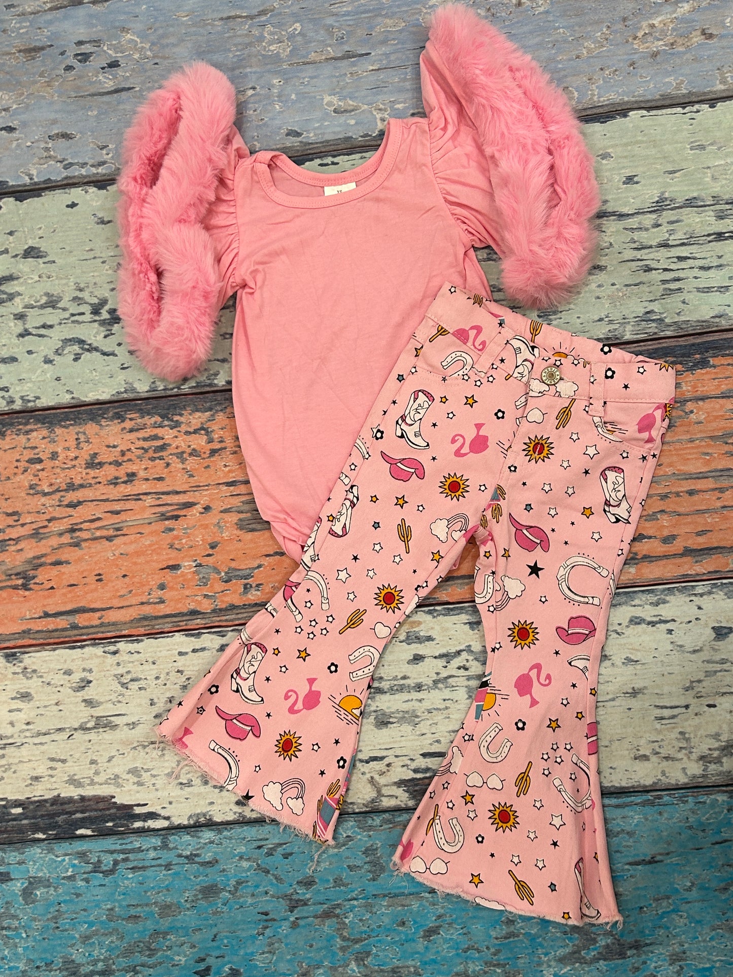 Baby Girls Pink Velvet Western Doll Denim Pants Clothes Sets