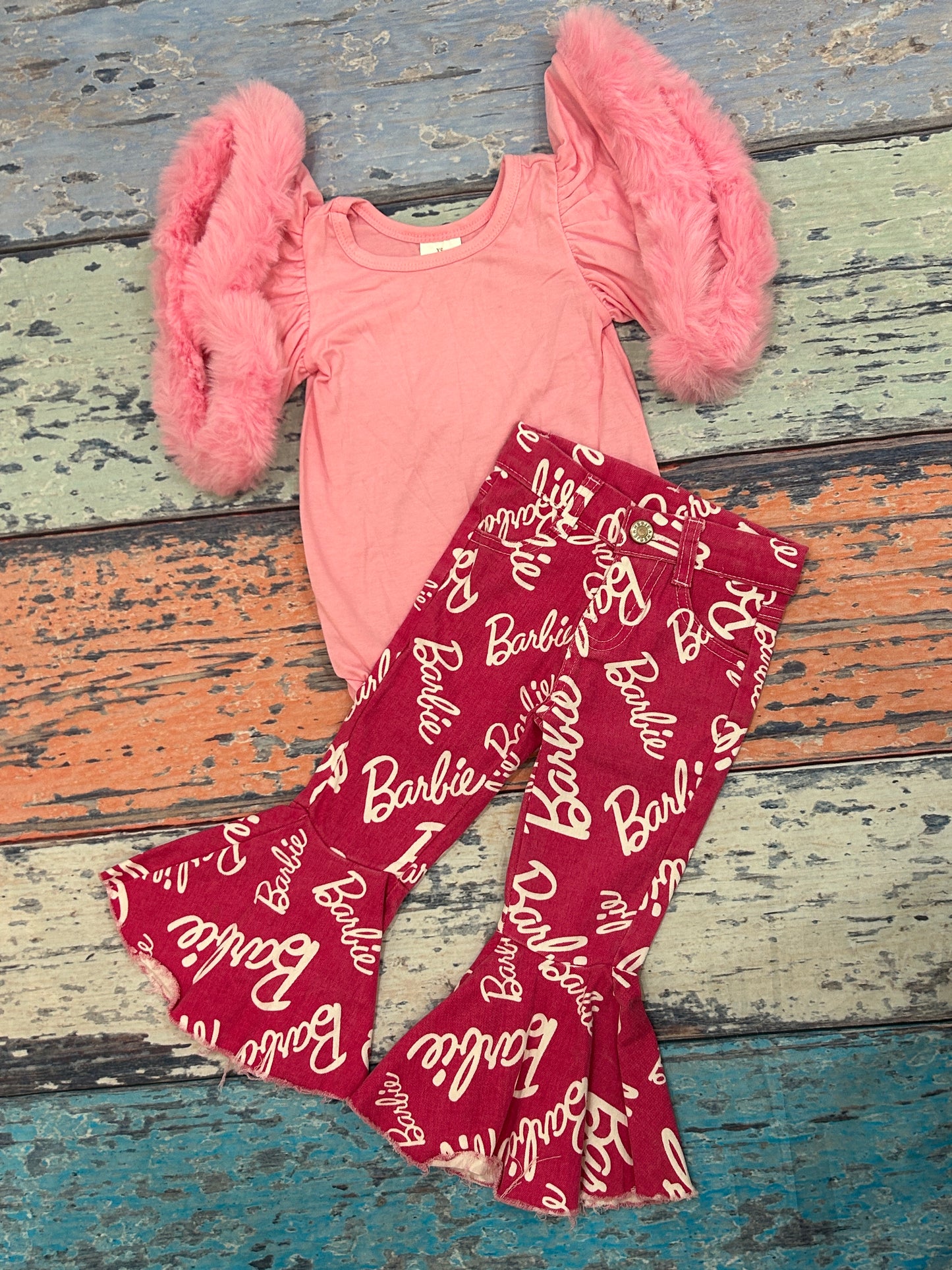 Baby Girls Pink Velvet Valentines Doll Denim Pants Clothes Sets