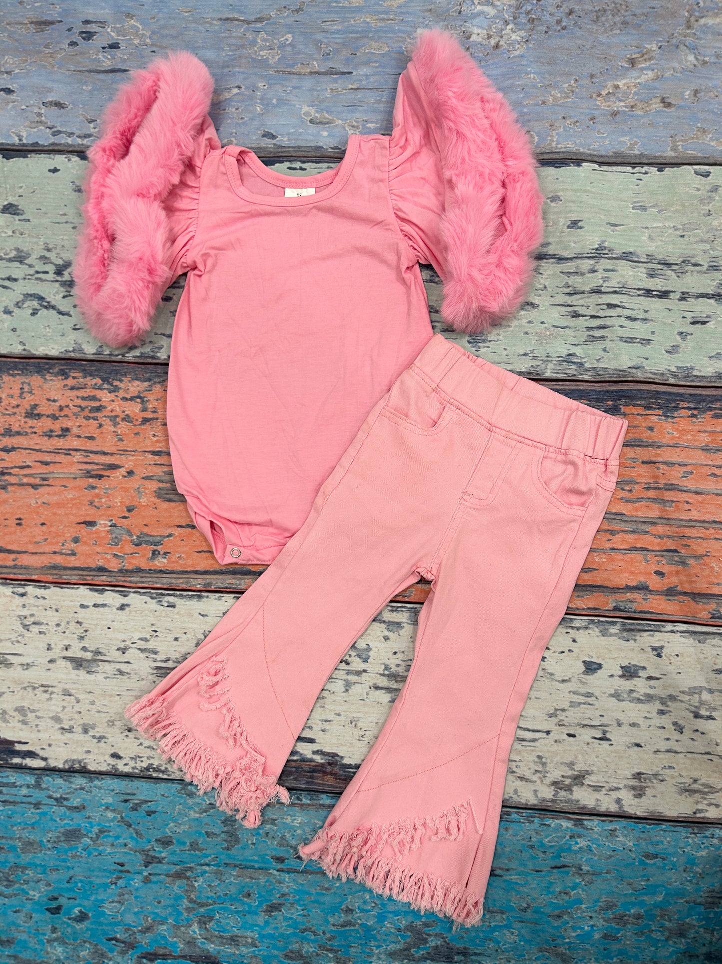 Baby Girls Pink Velvet Valentines Distressed Denim Pants Clothes Sets