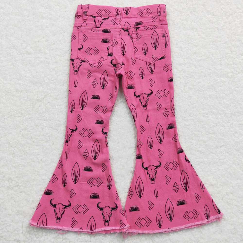 Baby Girls Western Pink Cow Denim Bell Pants