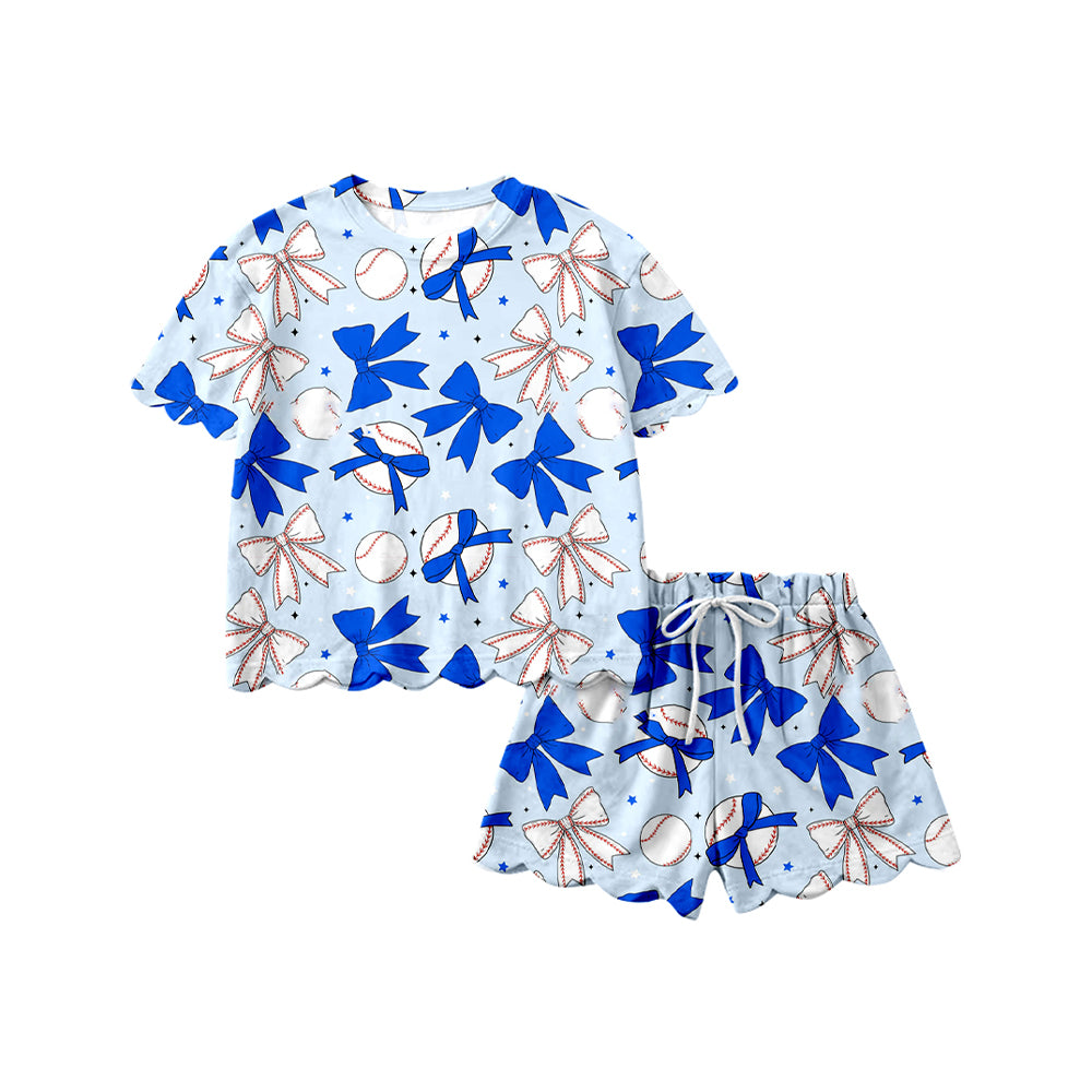 Preorder (moq 5)Baby Girls Bows Baseballs Top Scallop Shorts Team Clothes Sets