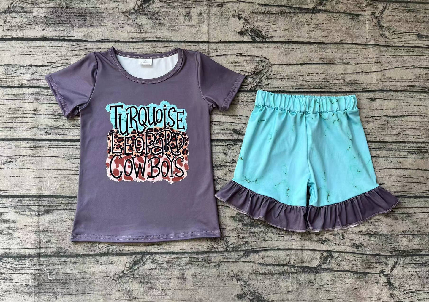 Baby Girls Turquoise Leopard Cowboys Top Ruffle Shorts Clothes Sets